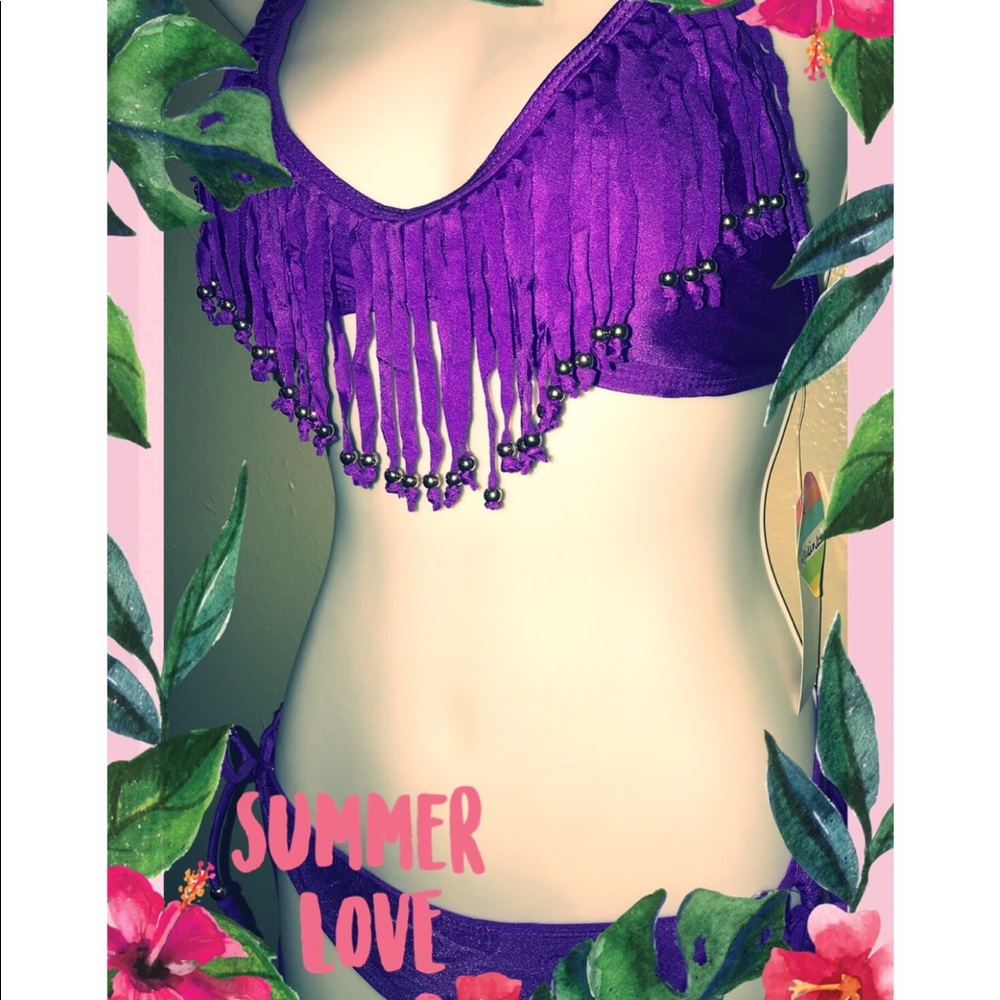 Macy’s raisins swimwear sz M. Purple fringe SET
